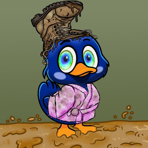 A whimsical digital illustration of a blue cartoon penguin with large, glossy eyes, wearing a pink patterned bathrobe and balancing a muddy bucket on its head.