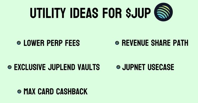 A graphic titled 'UTILITY IDEAS FOR $JUP' listing five proposals: LOWER PERP FEES, EXCLUSIVE JUPLEND VAULTS, MAX CARD CASHBACK, REVENUE SHARE PATH, and JUPNET USECASE.
