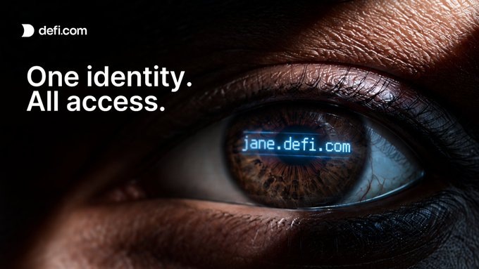 Advertisement for defi.com featuring a close-up of an eye reflecting the URL 'jane.defi.com' with the tagline 'One identity. All access.'