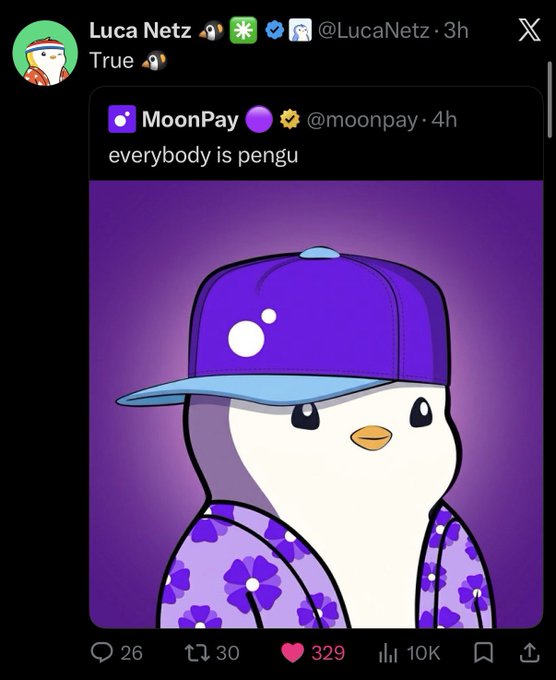 A screenshot of a tweet from Luca Netz (@LucaNetz) quoting a MoonPay (@moonpay) post reading 'everybody is pengu,' featuring an illustration of a penguin wearing a purple cap and floral shirt.