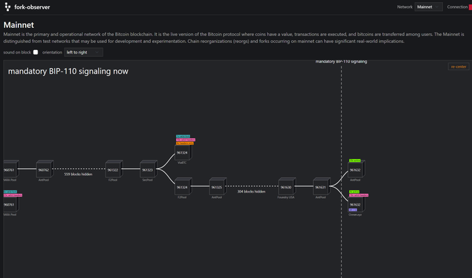A visualization on fork-observer.com shows the mainnet's mandatory BIP-110 signaling, displaying a block height of 16,162 followed by "Coinbase" and "Forward" — highlighting that the Bitcoin network has progressed through dozens of blocks since the controversal BIP-110 signaling deadline passed without coordinated miner support for such a fork.