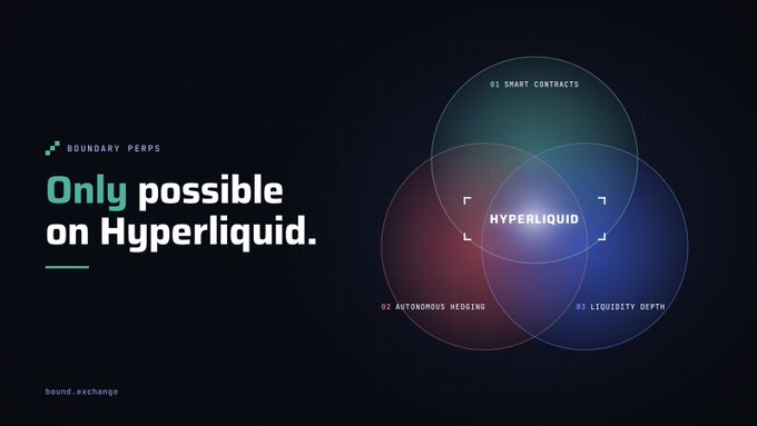 A promotional graphic for Boundary Perps featuring a Venn diagram with three overlapping circles labeled '01 SMART CONTRACTS', '02 AUTONOMOUS HEDGING', and '03 LIQUIDITY DEPTH' intersecting at 'HYPERLIQUID', with the tagline 'Only possible on Hyperliquid.' and URL bound.exchange.