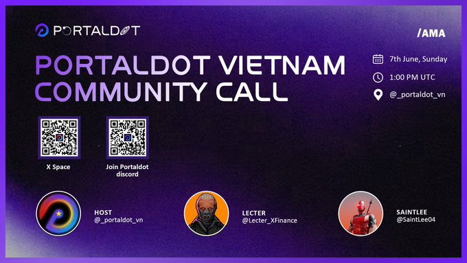 The image features a purple background with white text that reads "PortalDot Vietnam Community Call" at the top, followed by a list of dates for an upcoming event. The event appears to be a Hackathon, as indicated by the presence of logos such as "Hackathon Zealy", "Team Tập trung phát triển cộng đân nghệ, substrat Ngoài công nghệ, team tập trung phát triển cộng đân nghệ". The image also includes logos for other organizations and individuals associated with the event.