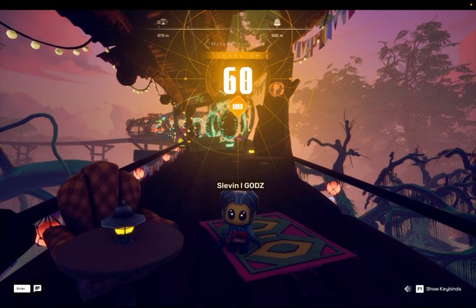 A player character with the username "Slevin | GODZ" stands in a vibrant, lantern-lit virtual environment from OthersideMeta, with a large "60" displayed on a timer screen indicating progression. The scene captures the celebratory moment of reaching max level, aligning with the post's excitement about being on a winners train.