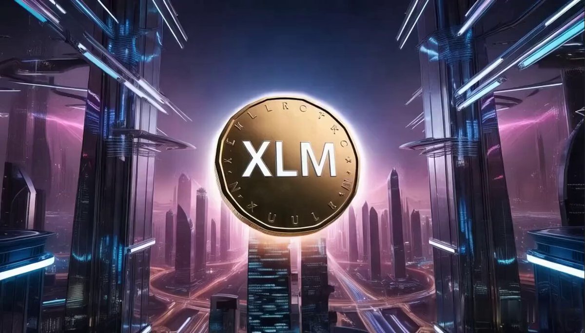 The image features a large coin with the word "XLM" written on it, surrounded by buildings that appear to be futuristic city structures. The coin is placed at the center of the image, drawing attention to its significance. In the background, there are neon lights and other elements that contribute to the overall atmosphere of the scene. The post includes a link to a website called "DTCC" which might provide more information about the coin or related topics.