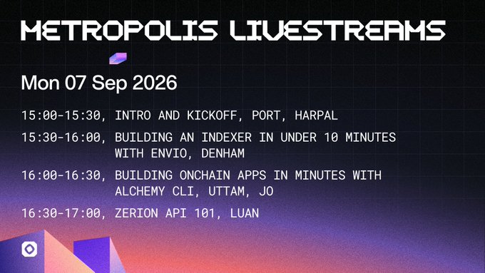 A schedule graphic for 'METROPOLIS LIVESTREAMS' on Mon 07 Sep 2026, listing sessions: 15:00-15:30 'INTRO AND KICKOFF' by Port and Harpal, 15:30-16:00 'BUILDING AN INDEXER IN UNDER 10 MINUTES WITH ENVIO' by Denham, 16:00-16:30 'BUILDING ONCHAIN APPS IN MINUTES WITH ALCHEMY CLI' by Uttam and Jo, and 16:30-17:00 'ZERION API 101' by Luan.