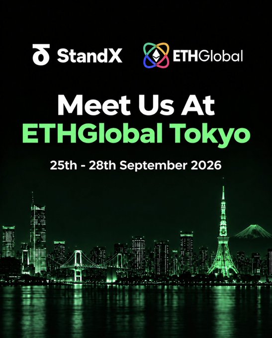 A promotional poster for 'StandX' and 'ETHGlobal' announcing 'Meet Us At ETHGlobal Tokyo' from '25th - 28th September 2026', featuring a green-tinted nighttime cityscape with Tokyo Tower.