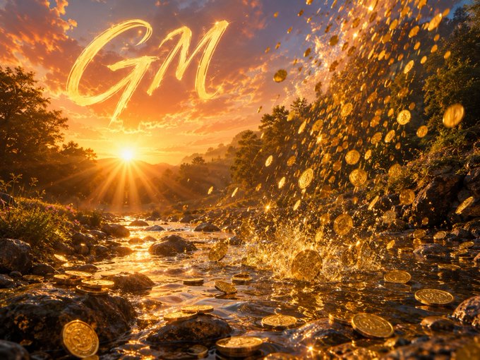 A vibrant landscape illustration with 'GM' written in glowing golden script in the sky above a sunset, a rocky stream, and falling golden coins.