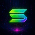 Solana logo displayed in green on a dark cosmic background with starburst effects.
