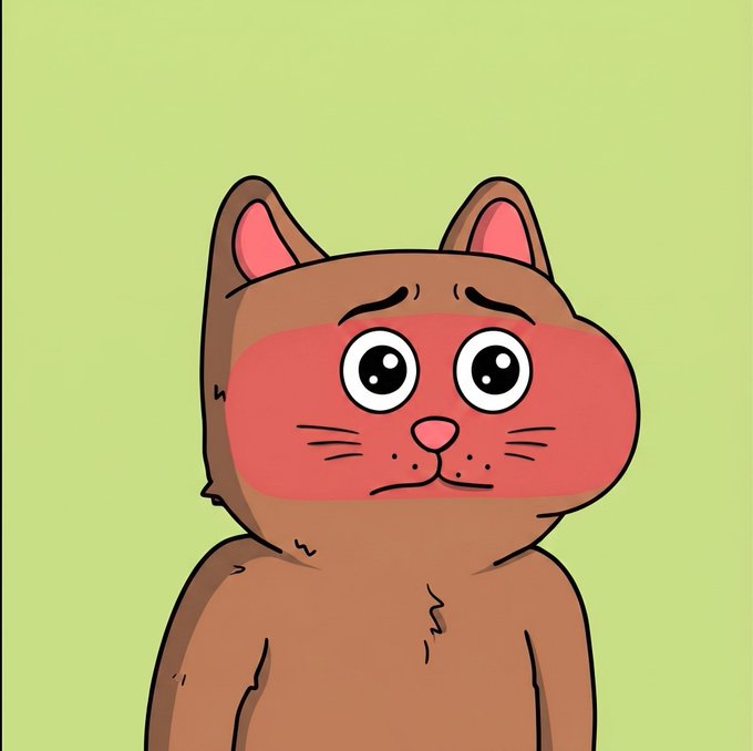 A cartoon illustration of a blushing brown cat with wide eyes against a light green background.