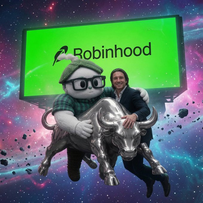 A surreal image showing a mascot character in glasses and a plaid shirt alongside a man in a suit riding a silver bull statue through a cosmic space background with a green 'Robinhood' billboard.