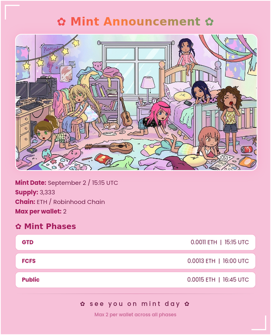 A pink NFT mint announcement showing a cozy bedroom scene with anime-style girls, featuring the date "September 2 / 15:15 UTC" and pricing tiers (GTD 0.0011 ETH, FCFS 0.0013 ETH, Public 0.0015 ETH) — perfect companion for teasing the upcoming "Tomorrow is mint day" reminder.