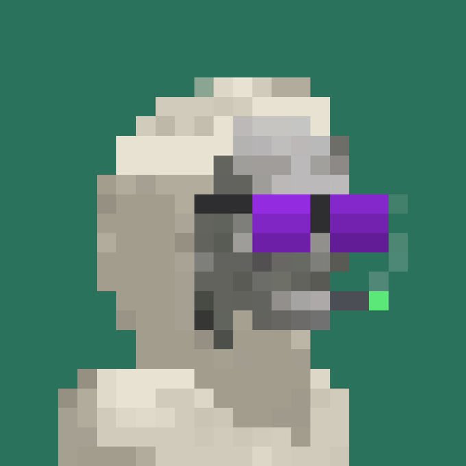 A pixel art rendering of a robotic or cyborg head featuring a tan helmet, gray metallic face components, and bright purple visor-like eyes, set against a solid green background.