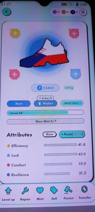 A blue white and red shoe is displayed on a cellphone screen that appears to be running a game or application, possibly about shoes or sneakers. The app has features such as an efficiency scale from 1 to 10, a comfort rating of 1 to 10, a durability scale from 1 to 10, and a price scale from 1 to 10. The user's name is not visible in the image; however, it seems that this app is related to selling shoes or sneakers, given the shoe on display being made by Czech Republic Leather.