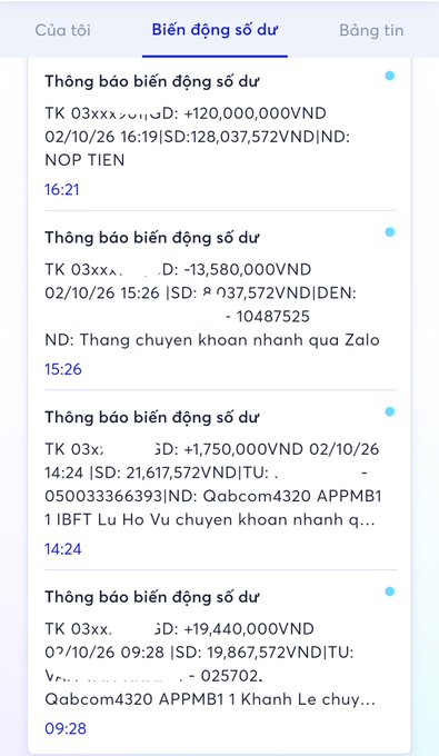 A screenshot of a Vietnamese banking app showing balance change history ('Biến động số dư') with multiple transactions in VND, including deposits and transfers via Zalo and other apps.