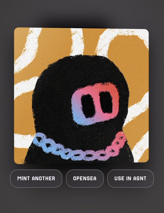 An NFT-style digital artwork of a black hooded figure with a pink/blue visor wearing a chain necklace, displayed with 'MINT ANOTHER', 'OPENSEA', and 'USE IN AGNT' buttons.