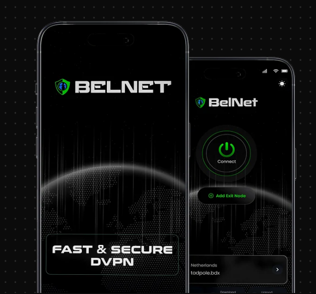BelNet VPN mobile app promotion featuring two iPhones showing the dark-themed interface with green accents, displaying 'FAST & SECURE DVPN' and a connect button for the Netherlands node.