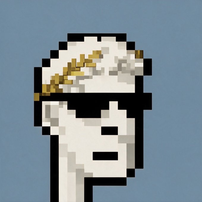 A pixel art illustration of a white character resembling Michael Jackson wearing a fedora hat with gold details, set against a blue background.