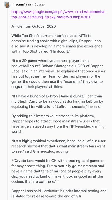 A Reddit post by user 'Insomnlasaa' linking to a CoinDesk article from October 2020 about NBA Top Shot by Dapper Labs, discussing NFTs, trading cards, and an upcoming 3D game called 'Hardcourt'.