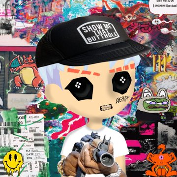 A cartoon-style digital artwork featuring a character wearing a 'SHOW ME THAT BUTTHOLE' hat, holding a gun, against a colorful collage background.