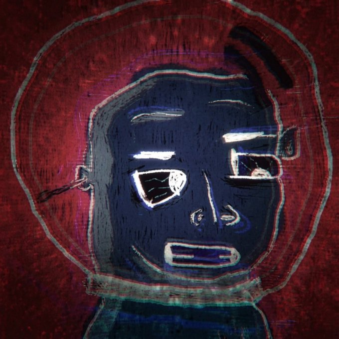 A hand-drawn, darkly stylized cartoon figure with glowing eyes and a wide mouth is set against a textured red background, evoking the "Radioactive Rascals" NFT collection referenced in the giveaway post. The eerie, illustrative style ties directly to the artist @radrascalsART's hand-drawn branding used in the GTD prize promotion.