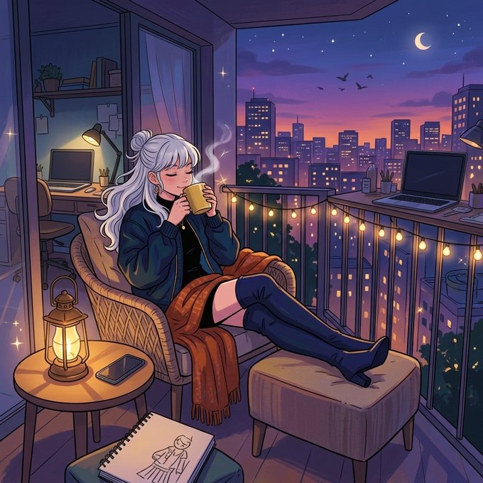 An anime-style illustration of a white-haired girl in a dark jacket and thigh-high boots relaxing on a balcony chair with a mug, overlooking a city skyline at night.