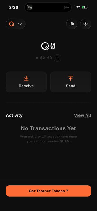 A mobile crypto wallet app screen in dark mode showing a $0.00 balance for 'QUAN', with 'Receive' and 'Send' buttons and a 'Get Testnet Tokens' button at the bottom.