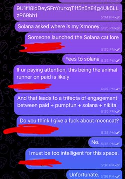 A screenshot of a purple-themed text message conversation where someone is questioned about a coin called "Xmoney" launching on Solana cat meme coin, with the reply "No" and "Unfortunate," showing skepticism toward the animal runner narrative and referencing Solana, $MOONCAT, $SOLANA, and nikita. The visible message "Do you think I give a fuck about mooncat?" directly aligns with the post about being asked if they see Mooncat sending.
