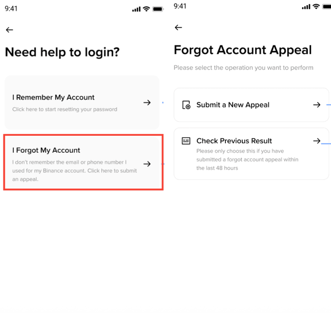 Two mobile app screens showing a 'Need help to login?' interface and a 'Forgot Account Appeal' page, with the 'I Forgot My Account' option highlighted by a red box for submitting an account recovery appeal.