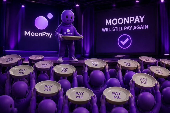 A purple-toned 3D rendered scene showing a mascot on stage holding a tray, with a screen reading "MOONPAY WILL STILL PAY AGAIN" behind it, while a crowd below holds up plates reading "PAY ME."