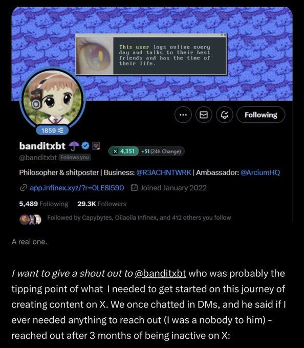 Twitter/X profile screenshot for user 'banditxbt' (@banditxbt) with 29.3K followers, showing a portrait avatar, banner with text 'This user logs online every day and talks to their best friends and has the time of their life.', and a bio reading 'Philosopher & shitposter | Business: @R3ACHNTWRK | Ambassador: @ArciumHQ'.