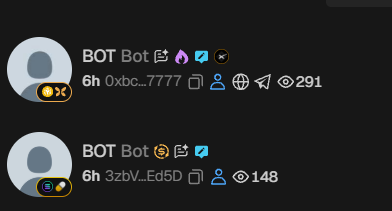 The image shows two Telegram bot listings with usernames "0xbc...7777" and "3zbV...Ed5D", both posted 6 hours ago, with the first having 291 views and the second having 148 views. The accompanying post recommends the BSC (Binance Smart Chain) version of a token over its Solana counterpart, suggesting the bot identifiers shown likely correspond to these BSC and Solana contract addresses being compared.