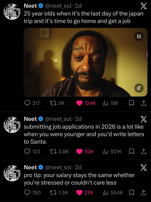 A screenshot of three tweets from @neet_sol with viral engagement numbers (5K retweets and 124K likes on top, 3.8K/53K middle, 1.5K/27K bottom), captioned to boast about $NEET coin's social media reach that memecoins can't replicate.