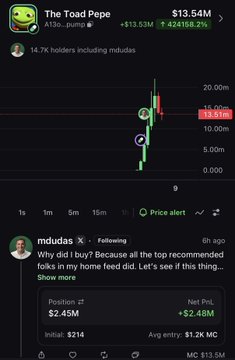 A stock tracking screenshot showing 'The Toad Pepe' (A13o...) at $13.54M with a +824158.2% change, posted by 'mdudas' with a caption about a $214 investment becoming $2.48M.