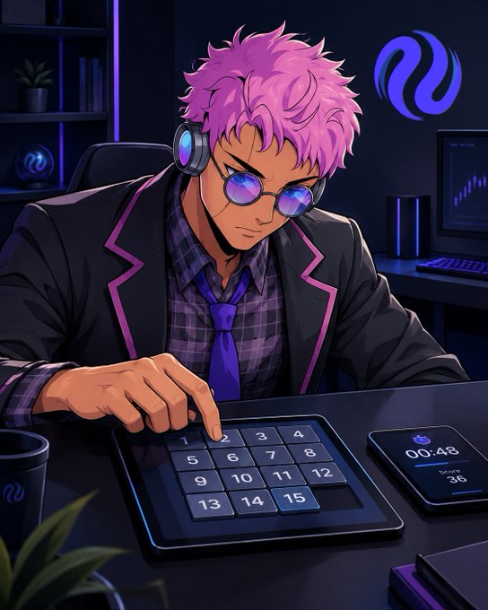 A stylized anime character with pink hair and round glasses is focused on solving a puzzle on a digital tablet numbered 1-15, with a timer reading 00:48 and score of 36 displayed nearby. The image visually represents the post's announcement of a custom puzzle game created for the Injective community, encouraging members to compete for the fastest solve times.