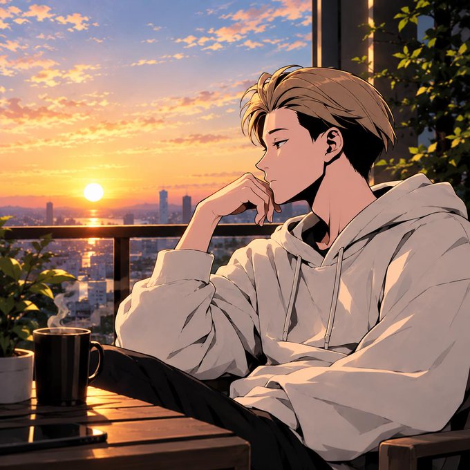 An anime-style illustration shows a young man with two-toned hair in a white hoodie resting his chin on his hand while gazing at a sunset over a cityscape, with a steaming mug on the table beside him.