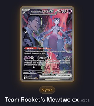 A holographic Team Rocket's Mewtwo ex #231 Mythic card, marked at 280 HP with Psychic type and Rocket's Crafty ability, displayed against a dark background to highlight the personal trading card collection achievement.