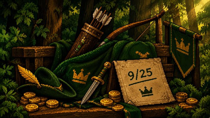 A pixel-art treasure scene displays a wooden chest filled with gold coins, a green-cloaked quiver of arrows, a bow, a dagger, a feathered cap, and a parchment reading "9/25" with a crown emblem—visually reinforcing the Sherwood-themed NFT launch announcement with its 9/25 date and regal medieval motif.