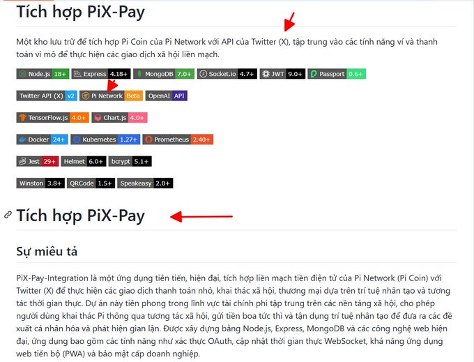 Vietnamese text screenshot describing 'Tích hợp PiX-Pay' (PiX-Pay Integration), detailing integration of Pi Network (Pi Coin) with Twitter (X) API using Node.js, Express, MongoDB, Socket.io, JWT, Passport, TensorFlow.js, OpenAI, Docker, Kubernetes, and Prometheus.