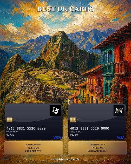 A website advertisement showing a graphic of an image of a mountainous area with some buildings and two cards for UK cards, including a Visa card, against a sunset sky backdrop.