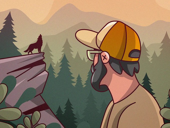 A cartoon illustration of a bearded man wearing a yellow and white cap and glasses, looking out at a wolf howling on a cliff edge against a mountainous forest backdrop.