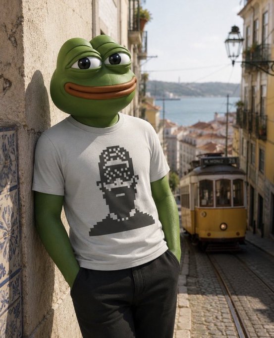 A Pepe the Frog character wearing a pixel-art graphic t-shirt leans against a tiled wall in a narrow Lisbon street, with the iconic yellow funicular tram descending the cobblestone hill behind him. The image playfully illustrates the post's reference to an NFC Summit event, where Pepe-themed NFT culture and digital art communities gathered to celebrate projects like @normiesART and the @PepeVault.
