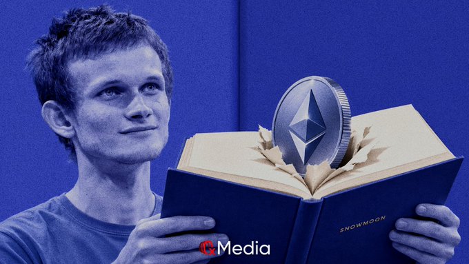 A stylized blue-toned image of a man reading a book titled "SNOWMOON" with an Ethereum coin emerging from its pages, with a "Media" watermark at the bottom.