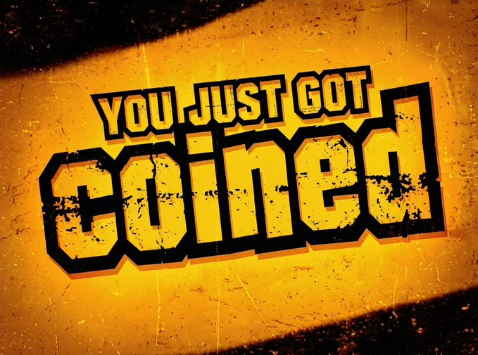 The image features a large, yellow sign with black text that reads "you just got coined", which appears to be related to video game streaming or streaming content. The background of the image has a faded appearance, giving it an older or vintage look. The caption below the sign states that there is a new post about streamers and how they are being taxed on donations.