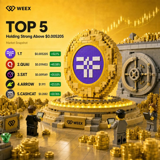 A WEEX "Top 5" market snapshot highlights the top-performing cryptocurrencies: $T (+52.1%) at $0.005205, $QUAI (+45.58%) at $0.019403, $SXT (+30.83%) at $0.009549, $ARROW (+23.53%) at $1.911, and $CASHCAT (+22.76%) at $0.2082, displayed against a Lego-style illustration of a golden vault and trading figures, prompting viewers to comment their pick for the next leader.