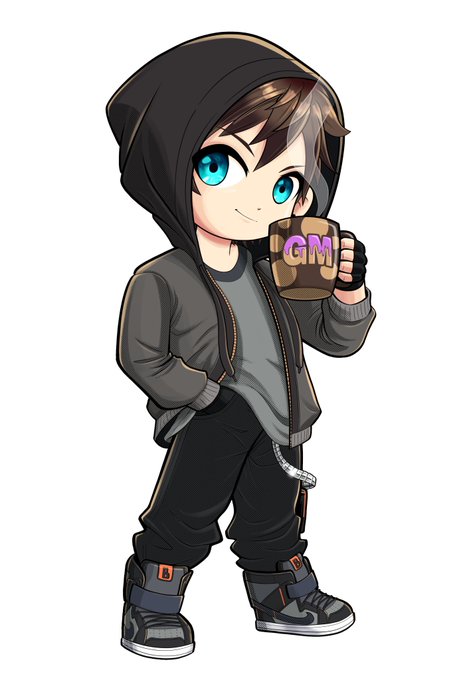 A chibi-style anime illustration of a brown-haired character in a black hoodie holding a brown mug labeled 'GM' in pink letters.