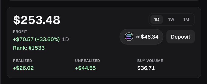 A dark-themed financial dashboard displaying a profit balance of "$253.48," showing a "+$70.57 (+33.60%) 1D" gain, with "Realized" at "+$26.02" and "Unrealized" at "+$44.55."
