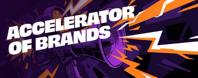 The image features a banner with purple and orange colors that says "Accelerator of Brands" written in white letters. The background of the banner has a purple and orange color scheme, which complements the text. There are also some small orange lightning bolts scattered throughout the image, adding to its visual appeal. The overall design is vibrant and eye-catching, making it an effective advertisement for the brand "Accelerator of Brands".