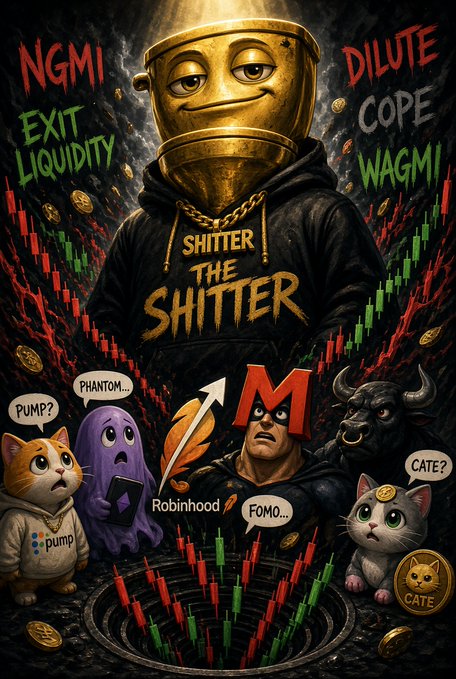 A dark, dramatic crypto-themed illustration features a golden toilet-headed figure wearing a 'SHITTER THE SHITTER' hoodie, surrounded by crypto slang like 'NGMI', 'DILUTE', 'COPE', 'WAGMI', and 'EXIT LIQUIDITY'. Various characters including a 'PUMP' cat, 'PHANTOM' ghost, 'Robinhood', and 'CATE' cat appear around falling coins and candlestick charts.