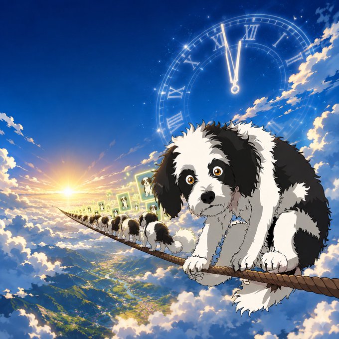 A whimsical anime-style illustration shows a procession of black and white fluffy dogs walking single-file across a tightrope high above a vast landscape of clouds and countryside, with a large clock face showing nearly midnight in the sky behind them and small photo frames floating near the lead dog. The surreal "dogs on a tightrope at midnight" imagery playfully evokes the nervous anticipation of an upcoming mint, with the ticking clock suggesting it's almost time for the big event.
